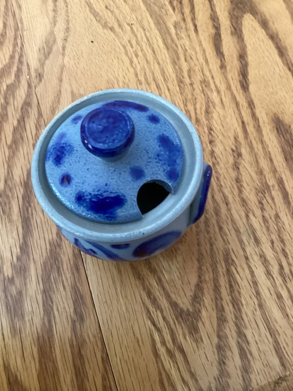 Handcrafted Salt Glazed Small Pottery Jar with Lid and Cobalt Blue Design